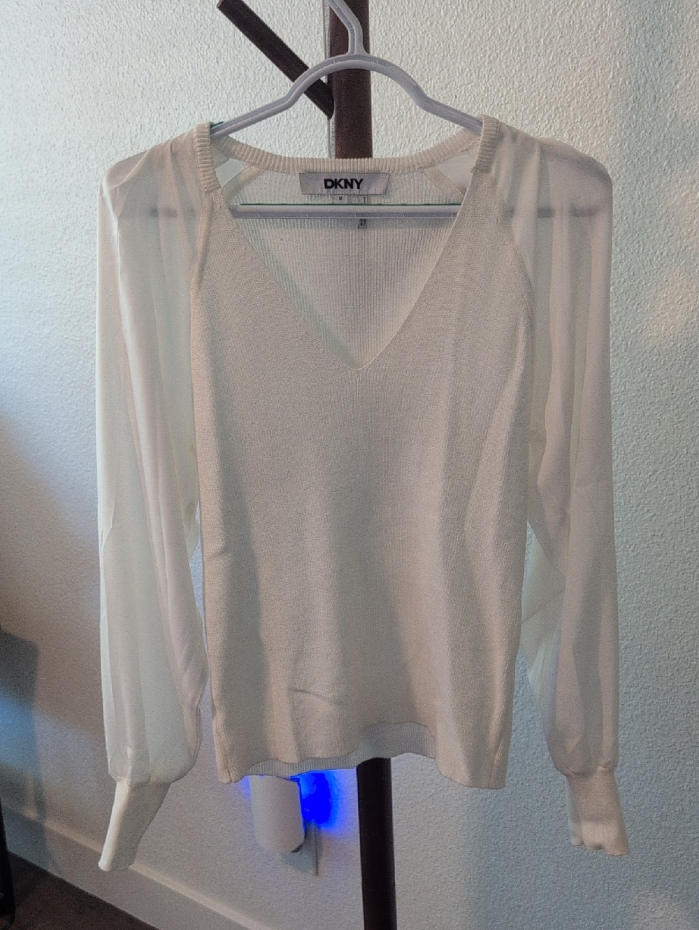 DKNY White V-Neck Sweater with Sheer Long Sleeves